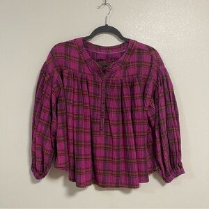 Free People Shirt Women’s Size XS Pink Plaid Jessie Plaid Oversized Top Peasant